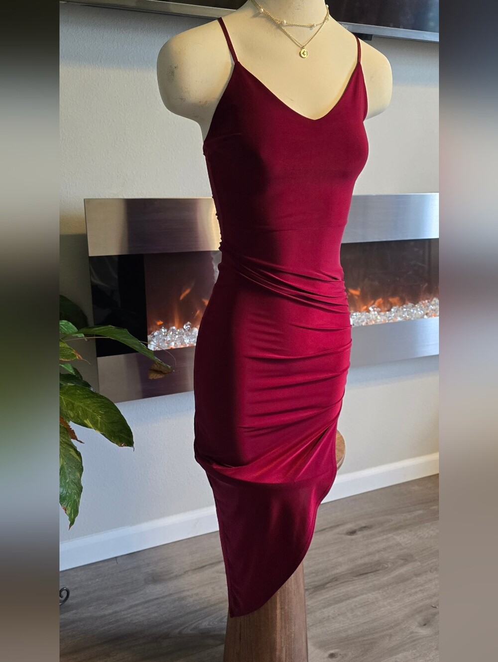 Burgundy Asymmetric Ruched Slip Midi Dress